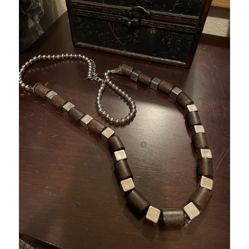 Long Necklace jewelry silver and wood EXCELLENT